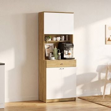 Adore Mobilya Florida Meşe - Beyaz 72x195x45 cm Kahve Köşesi 4 Kapaklı Tek Çekmeceli Çok Amaçlı Dolap