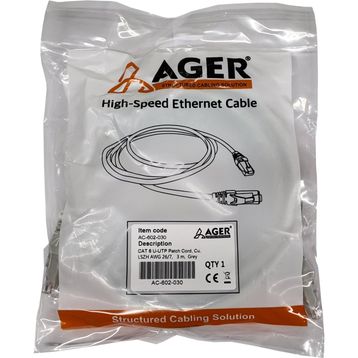 AGER AC-602-030 3 mt UTP Cat6 Gri CU LSZH AWG 26/7 Patch Kablo