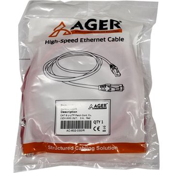 AGER AC-602-030 3 mt UTP Cat6 Kırmızı CU LSZH AWG 26/7 Patch Kablo
