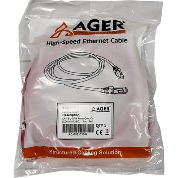 AGER AC-602-030 3 mt UTP Cat6 Kırmızı CU LSZH AWG 26/7 Patch Kablo