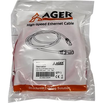 AGER AC-602-030 3 mt UTP Cat6 Kırmızı CU LSZH AWG 26/7 Patch Kablo