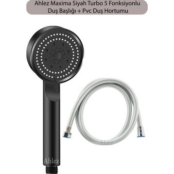 Ahlez Maxima Siyah Turbo Fan 5 Fonksiyonlu Duş Başlığı ve Duş Hortumu Duş Takımı