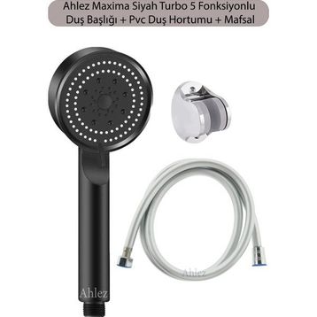 Ahlez Maxima Siyah Turbo Fan 5 Fonksiyonlu Duş Başlığı ve Duş Hortumu Duş Takımı
