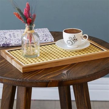 Ahşap Fabrikası Golden Edge Ahşap Hazeran Rattan Tepsi