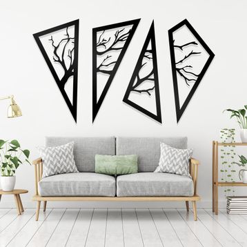 Ahwall Ağaç ve Dalları Figürlü 4 Parça Dekoratif Ahşap Tablo