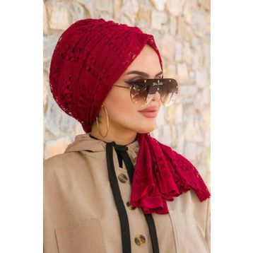 Aişe Tesettür Bordo Dantel Tokalı Bone