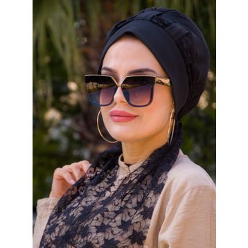 Aişe Tesettür Siyah Dantel Fularlı Bone