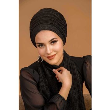 Aişe Tesettür Siyah Piliseli Atkılı Bone