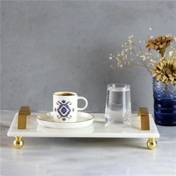 Akayev Mermer Beyaz 30x20 cm Altın Boncuk Ayaklı Tepsi