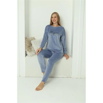 Akbeniz 20624 Kadife Mavi Kadın Pijama Takım
