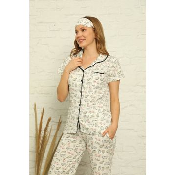 Akbeniz 2842 Pamuk Önden Düğmeli Kısa Kol Kadın Pijama Takımı