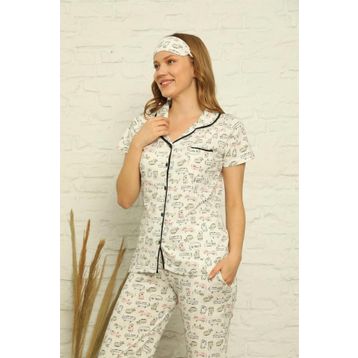 Akbeniz 2842 Pamuk Önden Düğmeli Kısa Kol Kadın Pijama Takımı
