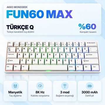 Akko MonsGeek Fun60 Max 8K Hz ARGB Kablosuz Beyaz Gaming Klavye