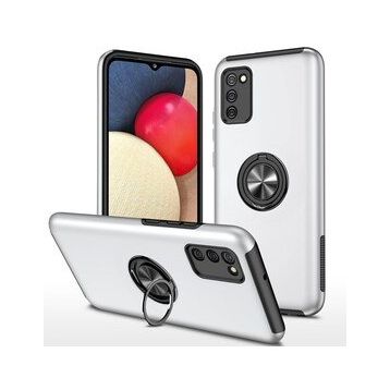 Alan Şanslı Samsung Galaxy A02S Elit Yüzüklü Kapak Gümüş Kılıf