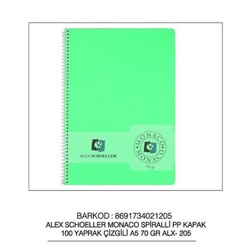 Alex Schoeller A5 70 gr 100 Yaprak Çizgili PP Kapak Spiralli Defter