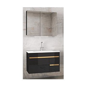 Alfa Banyo Viosen-EA Siyah-Gold 80 cm Çekmeceli MDF-Aynalı Lavabolu Banyo Dolabı Takımı