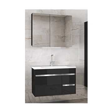 Alfa Banyo Viosen-EA Siyah-Gri 80 cm Çekmeceli MDF-Aynalı Lavabolu Banyo Dolabı Takımı