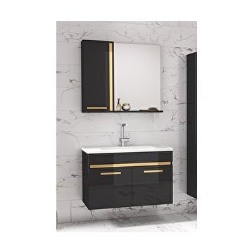 Alfa Banyo Yeni Gold Siyah 65 cm Aynalı Seramik Lavabolu Banyo Dolabı Takımı
