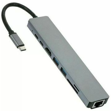 Alfais 4681 Type-C To HDMI USB 3.0 SD MicroSD 8 İn 1 Kart RJ45 Ethernet Çevirici Dönüştürücü Adaptör