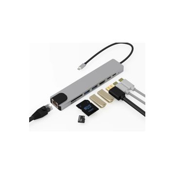 Alfais 4681 Type-C To HDMI USB 3.0 SD MicroSD 8 İn 1 Kart RJ45 Ethernet Çevirici Dönüştürücü Adaptör