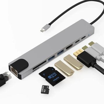 Alfais 4681 Type-C To HDMI USB 3.0 SD MicroSD 8 İn 1 Kart RJ45 Ethernet Çevirici Dönüştürücü Adaptör