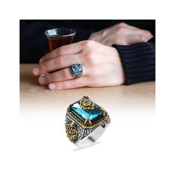 Alis Silver 925 Ayar Aqua Zirkon Taşlı Anadolu Deseni Motifli Gümüş Erkek Yüzük