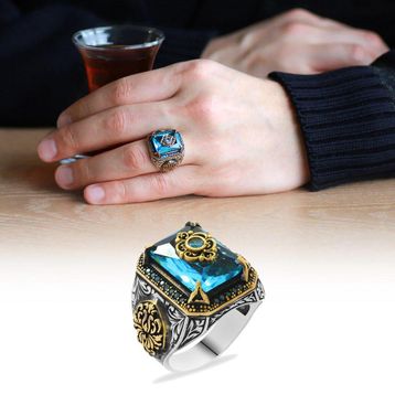 Alis Silver 925 Ayar Aqua Zirkon Taşlı Anadolu Deseni Motifli Gümüş Erkek Yüzük