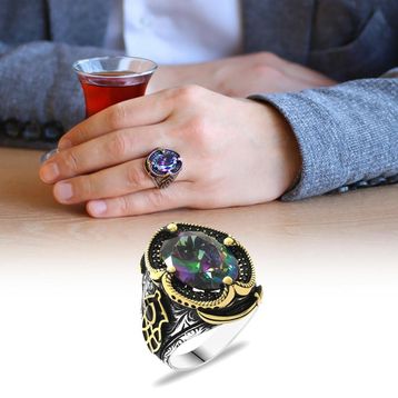 Alis Silver 925 Ayar Faset Kesim Mistik Topaz Taşlı Zirkon Taş Mıhlamalı Gümüş Erkek Yüzük