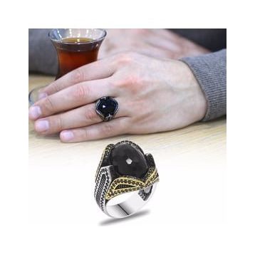 Alis Silver 925 Ayar Faset Kesim Siyah Zirkon Taşlı Pagan Tasarım Gümüş Erkek Yüzük