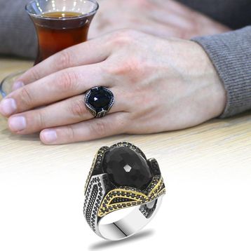 Alis Silver 925 Ayar Faset Kesim Siyah Zirkon Taşlı Pagan Tasarım Gümüş Erkek Yüzük