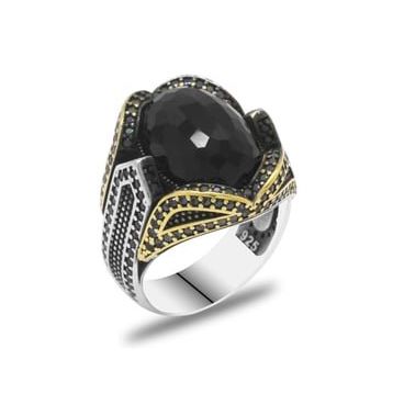 Alis Silver 925 Ayar Faset Kesim Siyah Zirkon Taşlı Pagan Tasarım Gümüş Erkek Yüzük