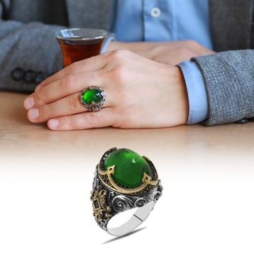 Alis Silver 925 Ayar Faset Yeşil Zirkon Taşlı Kral Tacı Tasarım Gümüş Erkek Yüzük