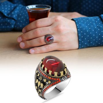 Alis Silver 925 Ayar Kırmızı Zirkon Taşlı Oval Tasarım Gümüş Erkek Yüzük