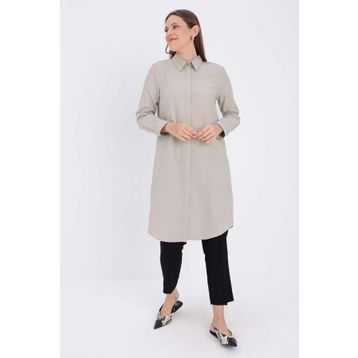 Allday 51134 Bej Gizli Patlı Ekoseli Gömlek Tunik