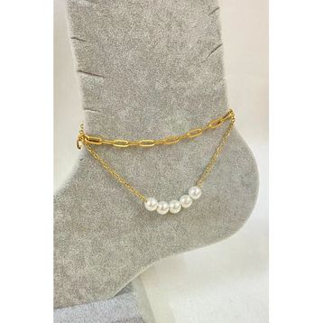 Altın Renk Beş İncili Model Ezme ve Sf Zincir Çelik Halhal