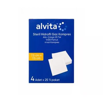 Alvita 7.5 cm x 7.5 cm 4 Adet 25'lik Steril Gaz Kompres