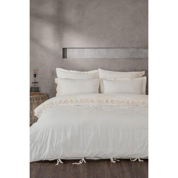 Amanda Battal Boy %100 Organik Pamuk Keten Dantelli Krem 240x220 cm Nevresim Takımı