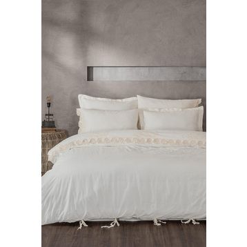 Amanda Çift Kişilik %100 Organik Pamuk Keten Dantelli Krem 200x220 cm Nevresim Takımı