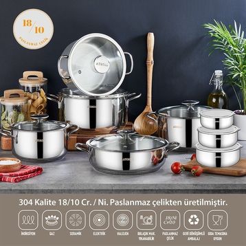 Amboss 16 Parça Cool Prime Gümüş Paslanmaz Çelik Tencere Seti ve Çelik Saklama Kabı
