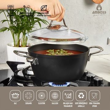 Amboss 20 cm Dark Cam Kapaklı Yanmaz Yapışmaz Titanyum Kaplama Derin Tencere