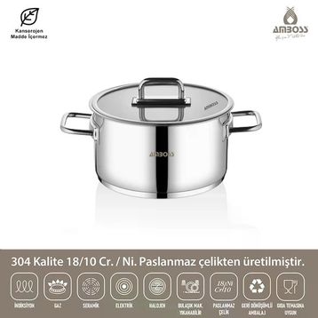 Amboss 20x10 cm Nova Paslanmaz Çelik Cam Kapaklı Derin Tencere