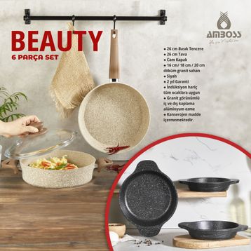 Amboss Beauty 6 Parça Granit Kapaklı Tencere Tava ve Sahan Seti