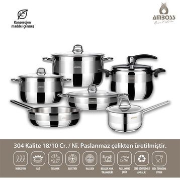 Amboss MER-2835 Merkür 11 Parça Tüm Ocaklara Uyumlu Paslanmaz Çelik Tencere Tava Sütlük Düdüklü Tencere Seti
