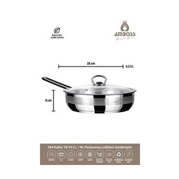Amboss Saphire 28x08 cm Cam Kapak Çelik Tek Sap Tava