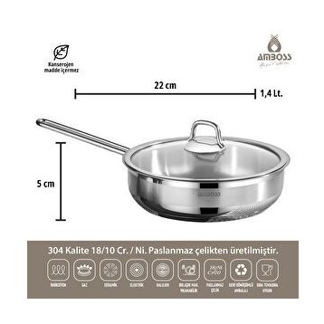 Amboss Saphire Saphire 22x06 cm Cam Kapak Çelik Tek Saplı Tava