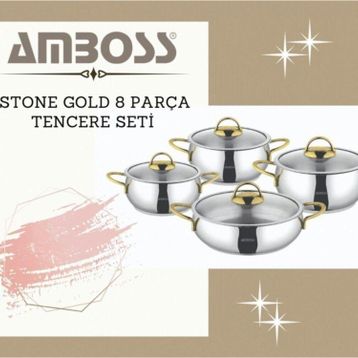 Amboss Stone 8 Parça Cam Kapaklı Paslanmaz Çelik Gold Tencere Seti