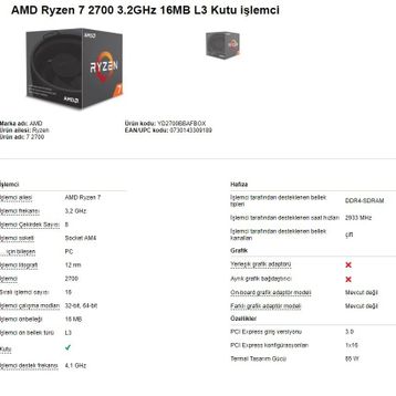 AMD Ryzen 7 2700 3.2GHz-4.1GHz AM4 İşlemci