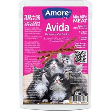 Amore 10+2 Adet Avida Chicken Cat Sticks Tavuk ve Sebzeli Tahılsız Kedi Ödül Çubukları