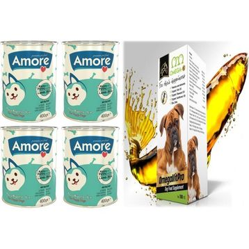Amore 4x400 gr Puppy Kuzu Etli Yavru Köpek Konservesi + Omegavitpro 100 ml Somon Balık Yağı