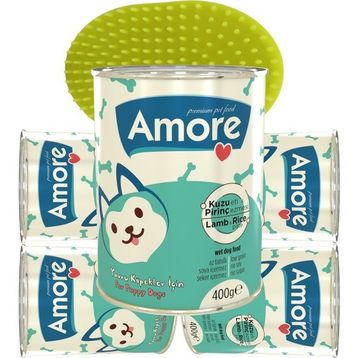 Amore 5x400 gr Puppy Kuzu Etli Pirinçli Yavru Köpek Konserve +Elastik Tüy Tarama Fırçası + Tüy Tarağı
